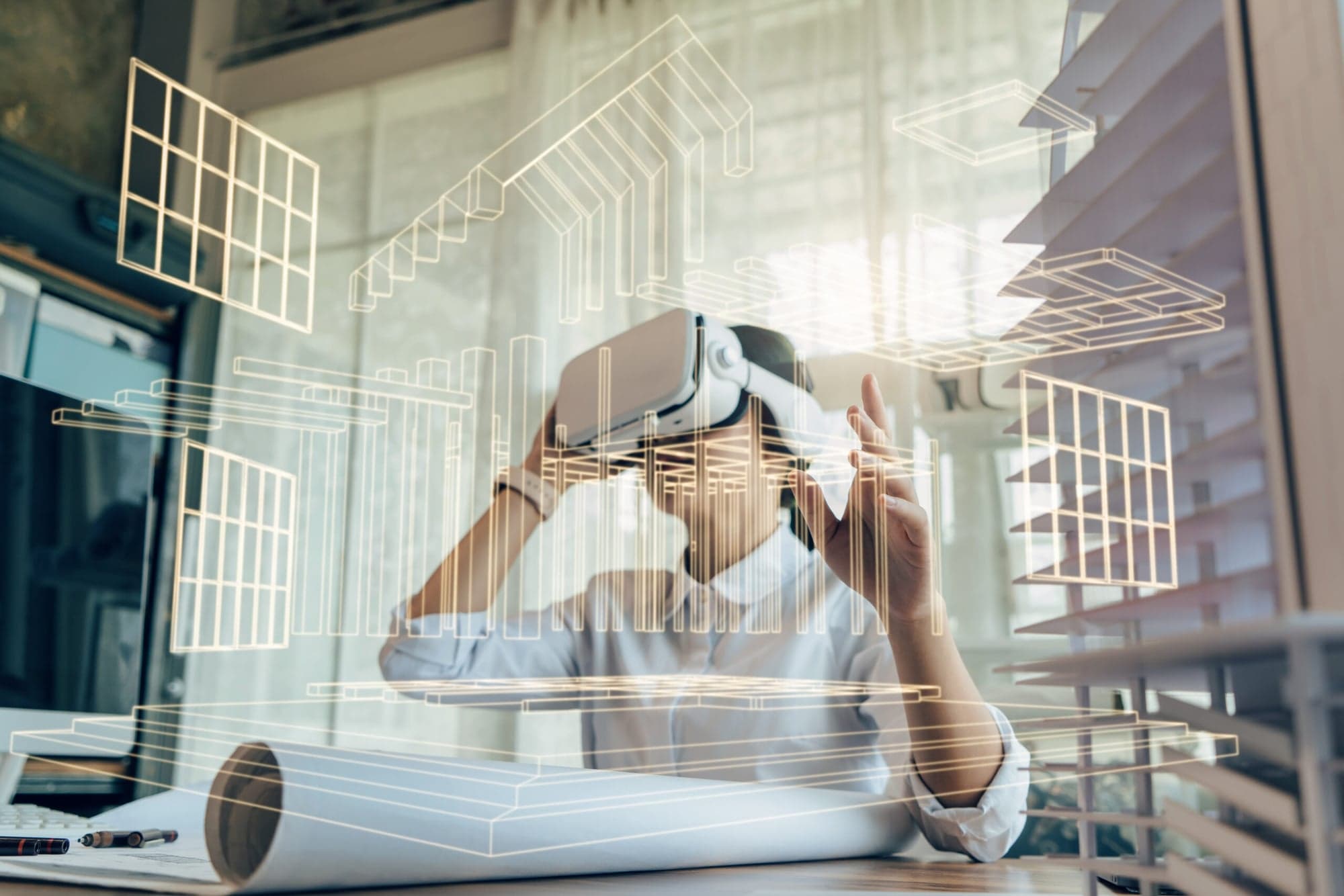 Architekt mit VR-Brille und digitalem Gebäudemodell – BIM-Planung Architekturbüro Wiesbaden